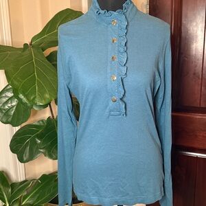 Tory Burch Teal Button Lidia Ruffle Long Sleeve Size M